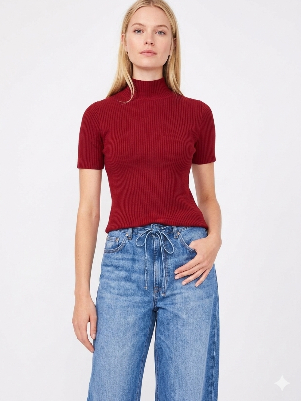 1. State Ribbed Mock Neck Short Sleeve in Deep Red